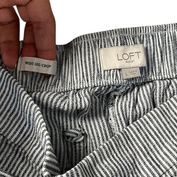 LOFT Outlet Linen Blend Wide Leg Crop Pants Large Blue White Stripe Tie Waist - Picture 8 of 10